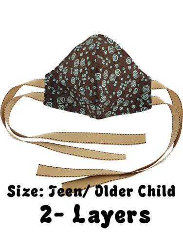 Brown and Teal Swirls, structured Mask w/ ties, Size: Woman/Teen