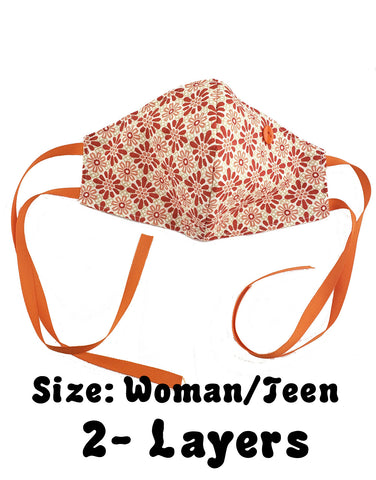 Geometric Ochre Flower, structured Mask w/ ties, Size: Woman/Teen